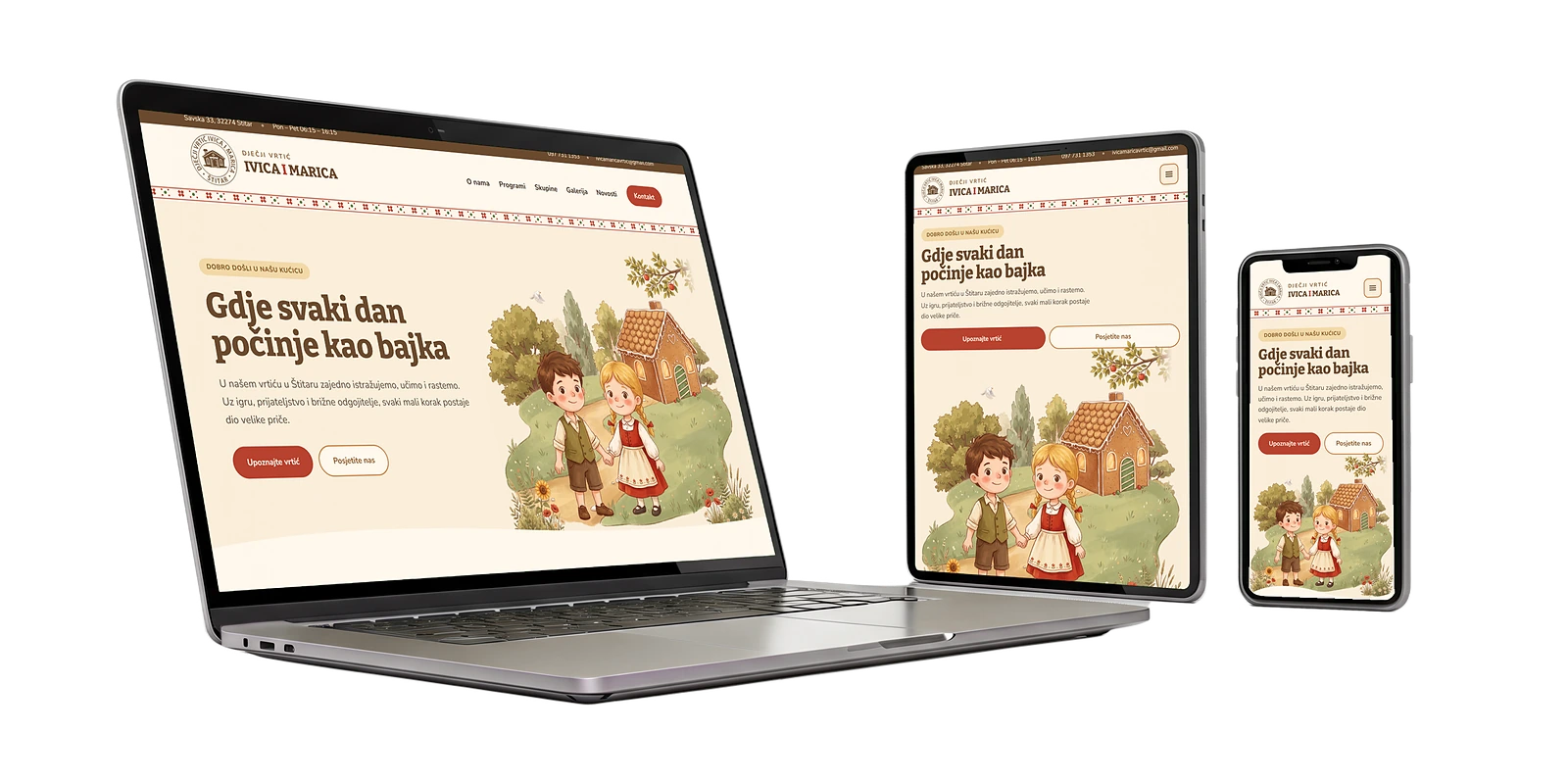 Web stranica Dječji vrtić Ivica i Marica na laptopu, tabletu i mobitelu